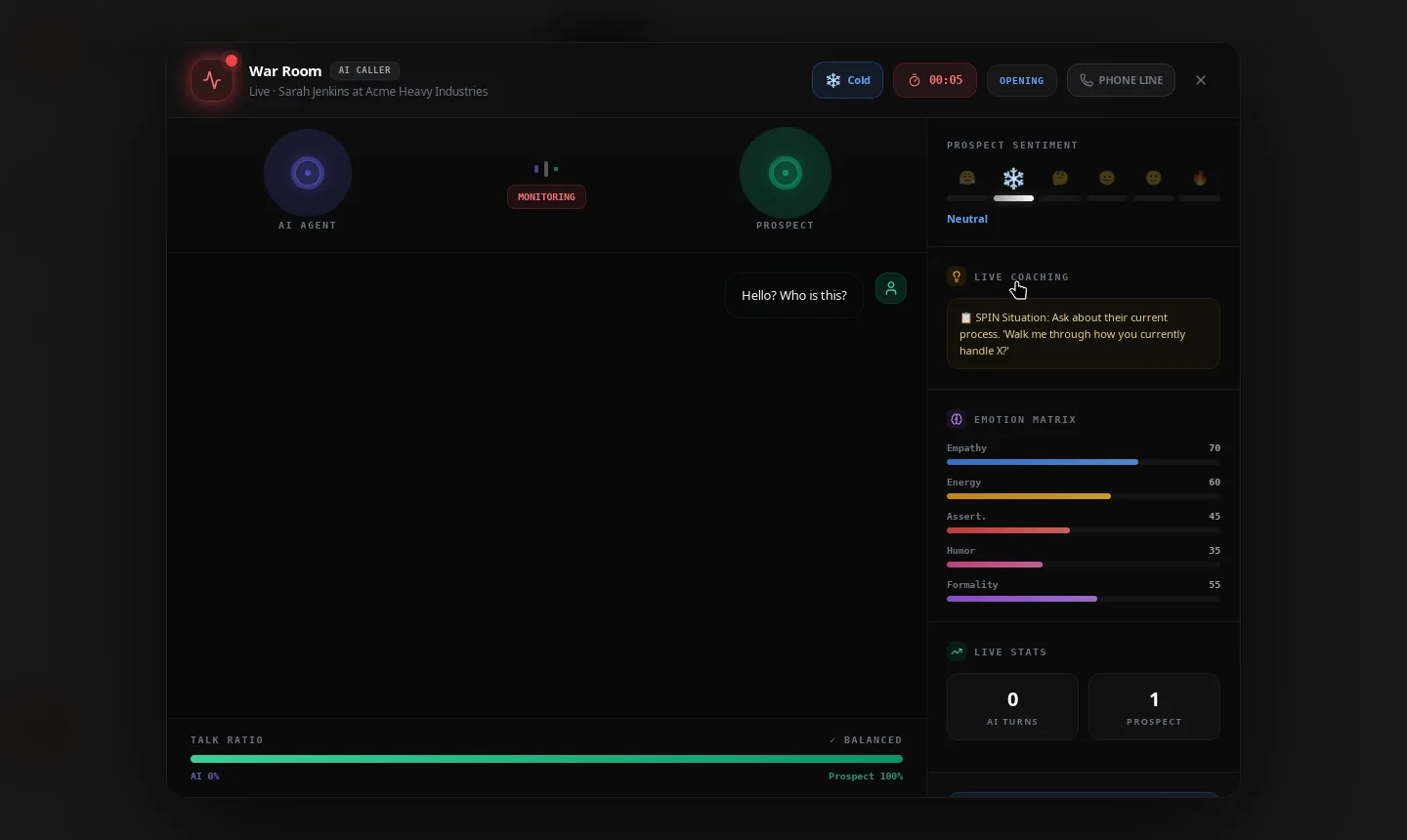 OpenCloser War Room — Live AI cold call with sentiment analysis and live coaching